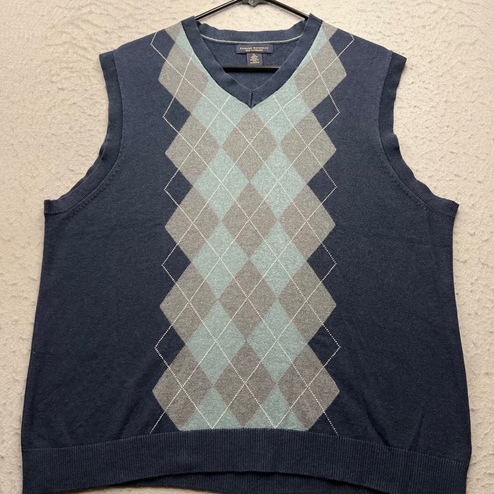Banana Republic Mens XL Silk Cashmere Argyle V-Neck Sweater Vest Navy Blue 2521